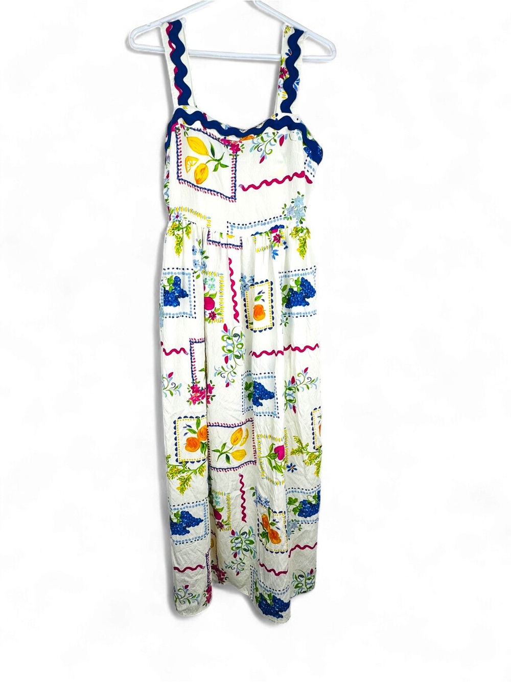 Oddi Fruit & Garden Print Maxi Dress Pockets Ric Rac Trim Cottagecore Size L